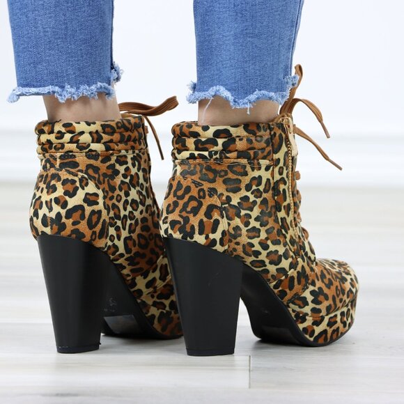 Leopard Print Ankle Boots Lace-Up Chunky Heel Faux Suede Animal Print - Picture 7 of 12